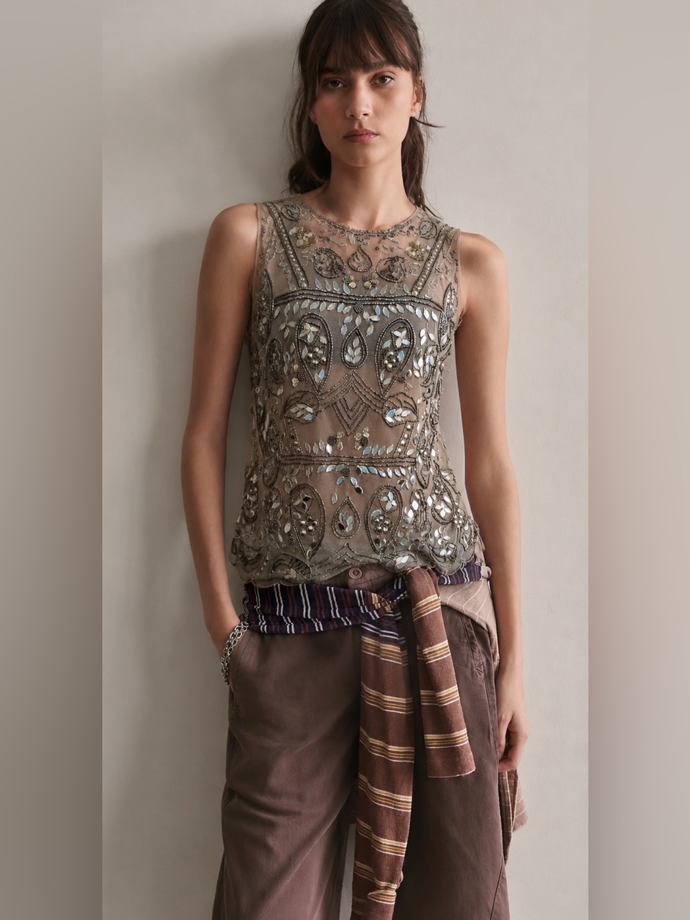 FOREVER 21 BEADED NYLON VINTAGE MESH TOP **SOLD OUT STYLE